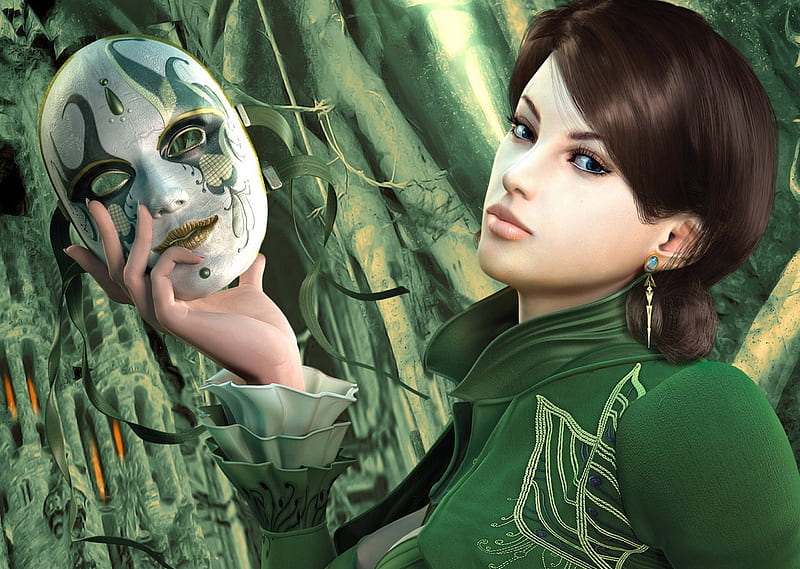 Green Masque, green, girl, masque, HD wallpaper