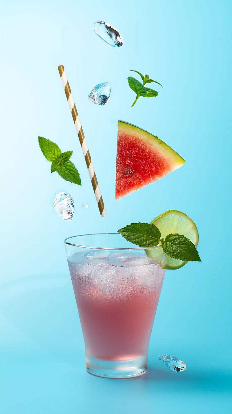 Summer juice, blue, cup, drink, glass, lime, mint, summer drink, vacation, watermelon, HD phone wallpaper