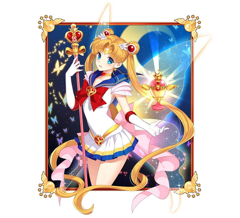 Sailor Moon, staff, pretty, wing, sweet, nice, butterfly, anime, anime girl, weapon, long hair, lovely, twintail, blonde, sexy, ovely, cute, white, blond, twin tail, magical girl, tsukino usagi, hot, ir, sailormoon, usagi, female, wand, rod, blonde hair, twintails, usagi tsukino, plain, twin tails, blond hair, tsukino, girl, simple, HD wallpaper