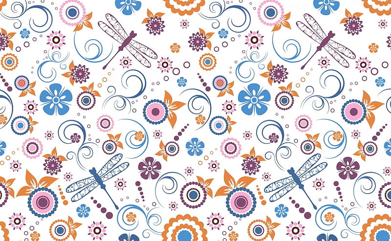 Pattern, pattern texture, purple, dragonfly, flower, yellow, white, blue, HD wallpaper