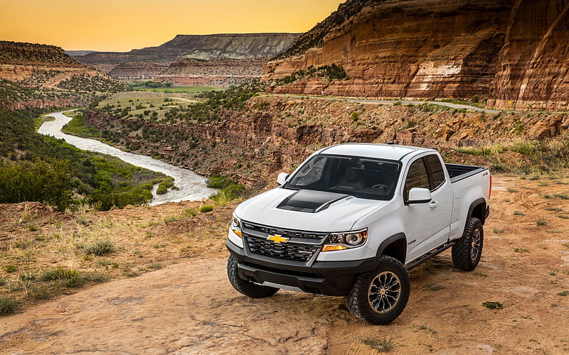 Chevrolet Colorado ZR2, 2018, Extended Cab, SUV, pickup truck, evening, sunset, canyon, new white Colorado, american cars, Chevrolet, HD wallpaper
