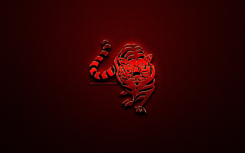 Tiger zodiac, creative, chinese zodiac metal signs, Chinese calendar, Tiger zodiac sign, chinese zodiac, animals signs, red metal grid background, Chinese Zodiac Signs, artwork, Tiger, HD wallpaper