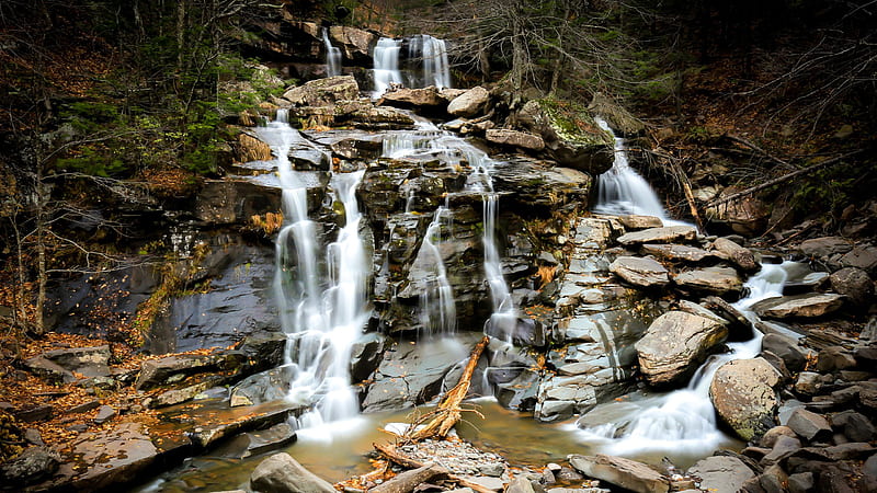 Rock Waterfall Between Forest Nature, HD wallpaper