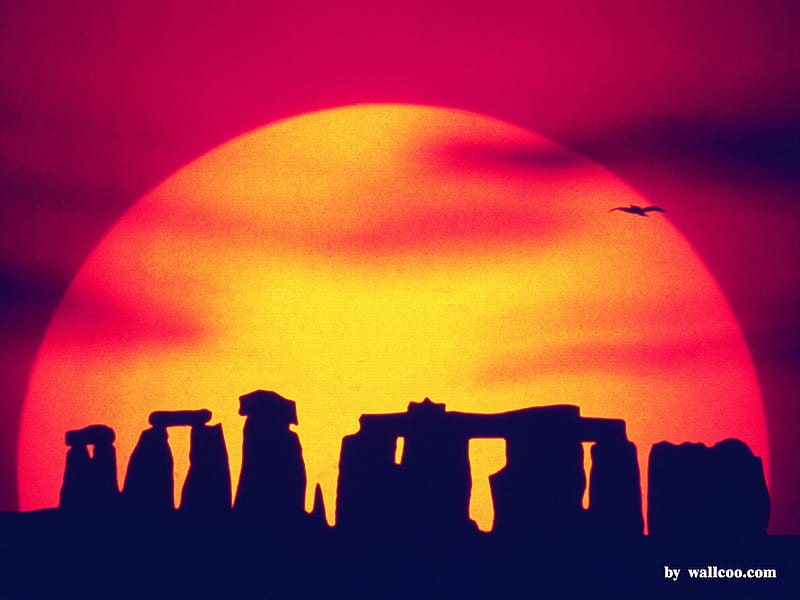 Sunset, red, monument, stonehenge, bird, sky, HD wallpaper