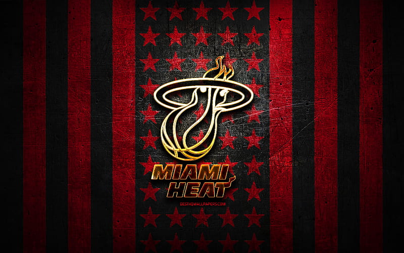 Miami Heat flag, NBA, red black metal background, american basketball club, Miami Heat logo, USA, basketball, golden logo, Miami Heat, HD wallpaper