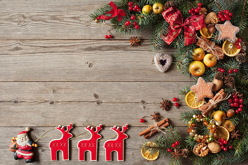 Merry Christmas!, apple, red, deco, craciun, christmas, lemon, card, fruit, santa, texture, reindeer, wood, HD wallpaper
