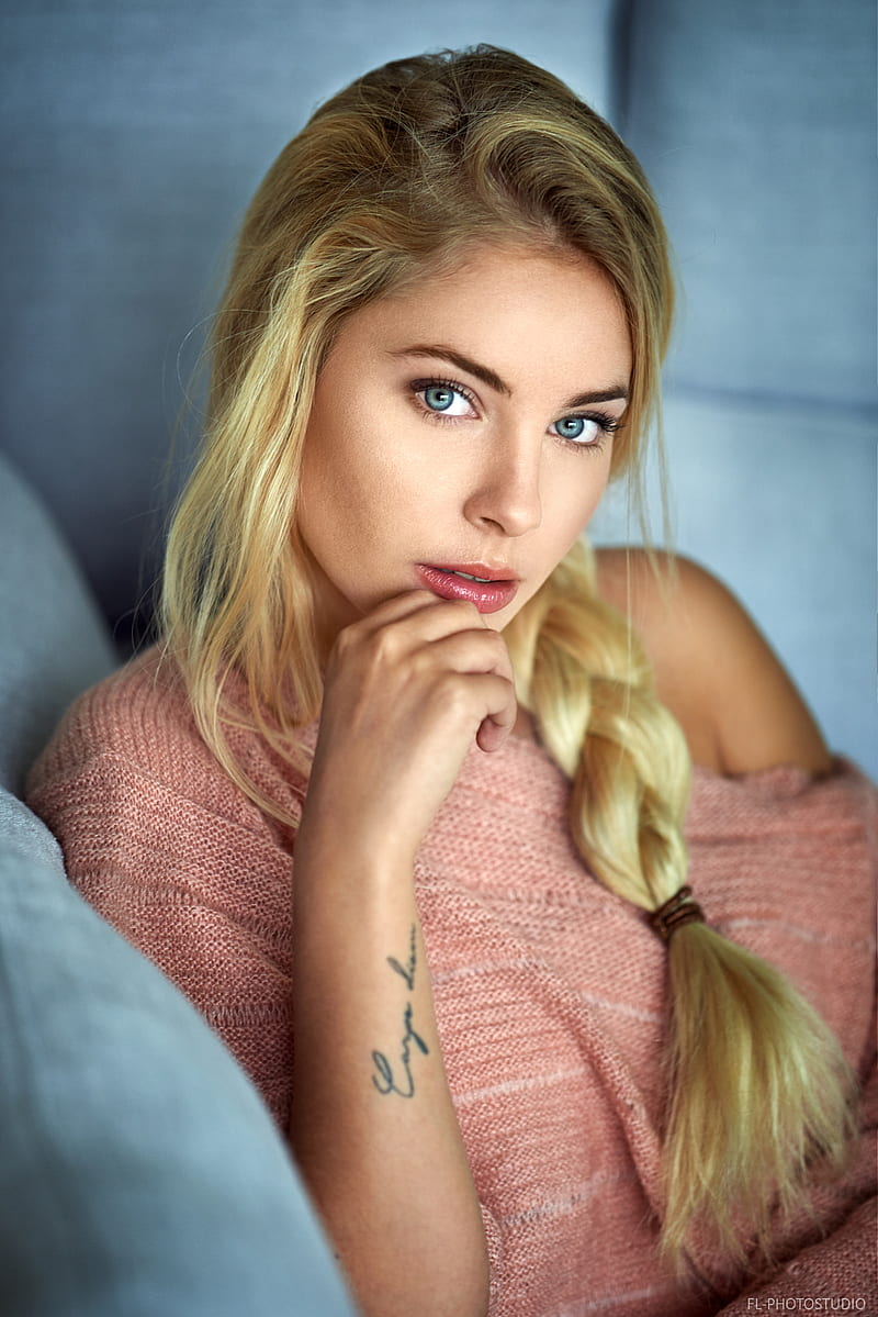 Cassandre Lamarche, model, blonde, blue eyes, looking at viewer, tattoo, braids, juicy lips, HD phone wallpaper