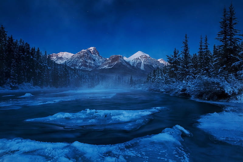 Canadian Rockies, Alberta, snow, river, firs, winter, landscape, canada, HD wallpaper