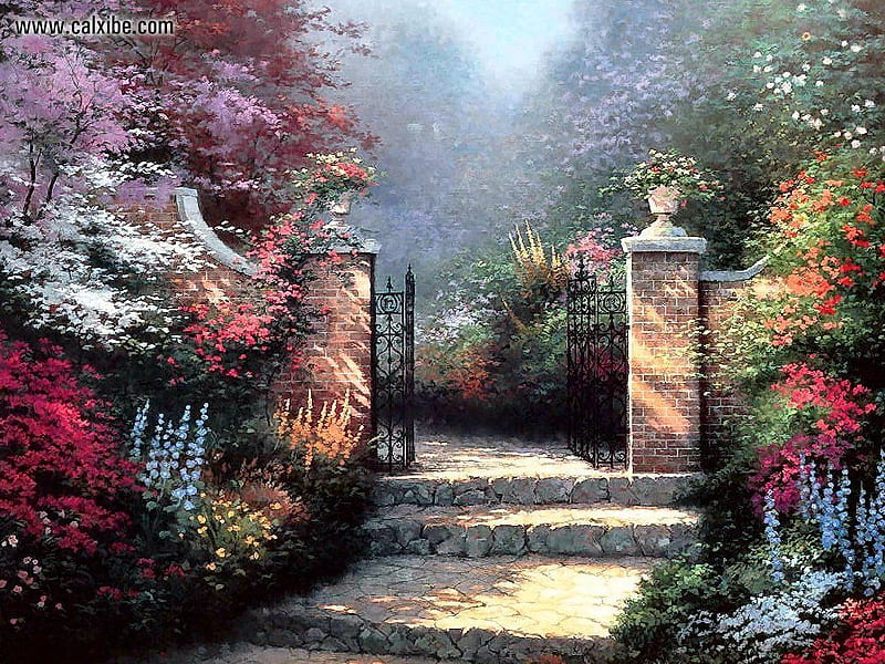 The Victorian Garden, gate, flowers, color, garden, nature, trees, landscape, HD wallpaper