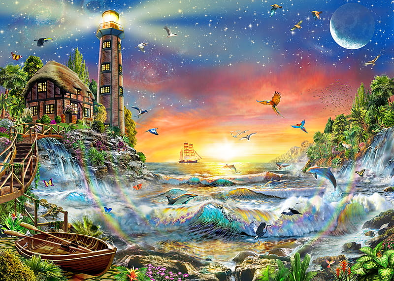 Lighthouse at dawn, art, dawn, moon, luminos, sunset, sea, lighthouse, wave, moon, fantasy, water, dolphin, vara, adrian chesterman, summer, HD wallpaper