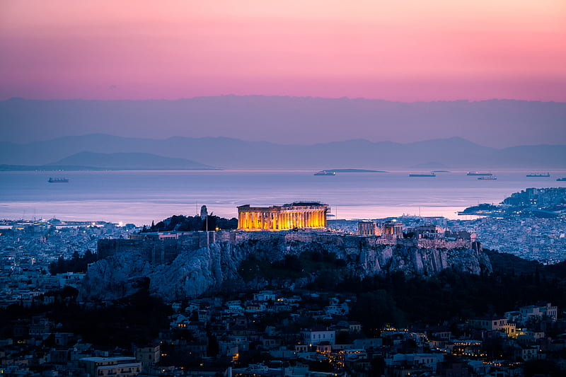 architecture, sunset, sea, acropolis, athens, greece, HD wallpaper