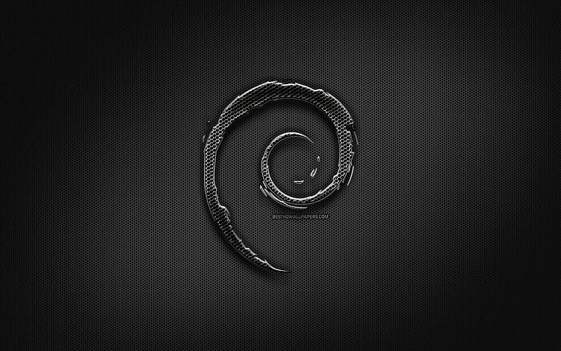 Debian black logo, creative, metal grid background, OS, Debian logo, brands, Debian, HD wallpaper
