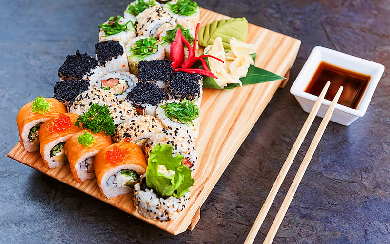 sushi set, sushi rolls, uramaki, rolls with salmon, asian food, bokeh, fastfood, sushi, HD wallpaper