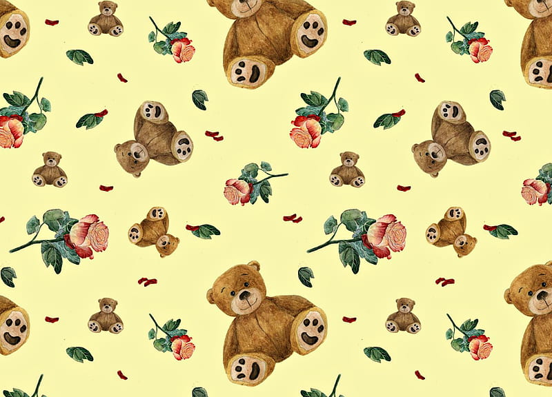 Texture, pattern, rose, teddy, toy, bear, yellow, valentine, flower, child, paper, HD wallpaper