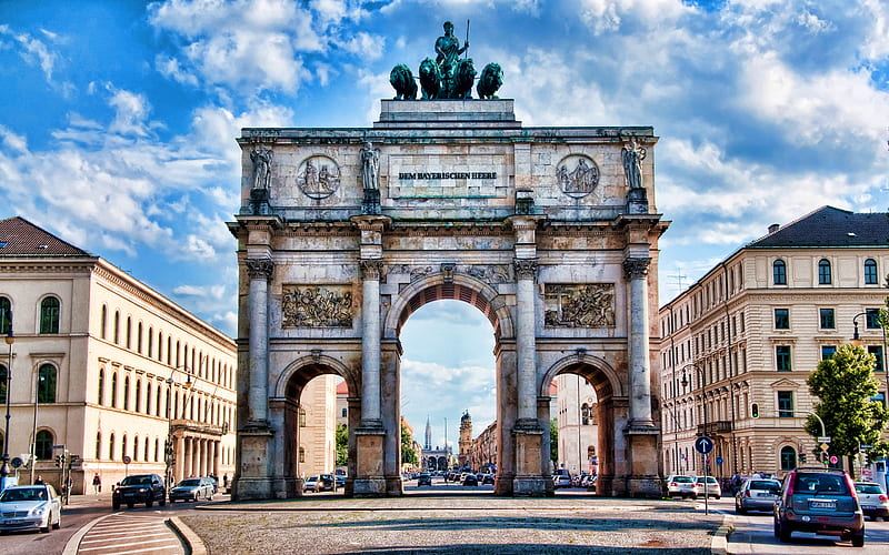 Victory Gate, Siegestor, skyline cityscapes, summer, Munich attractions, german cities, Europe, Munich, Germany, Cities of Germany, Munich Germany, cityscapes, HD wallpaper
