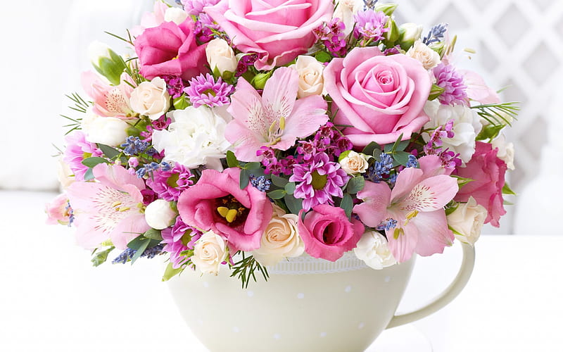 bouquet of flowers, pink roses, roses, alstroemeria, eustoma, bouquet, chrysanthemum, HD wallpaper