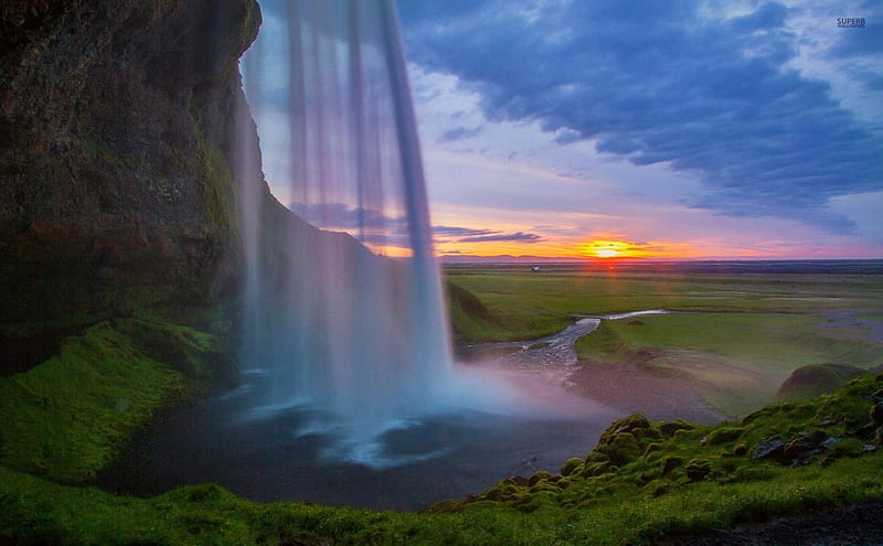 seljalandsfoss waterfall, seljalandsfoss, waterfall, sunset, grass, HD wallpaper