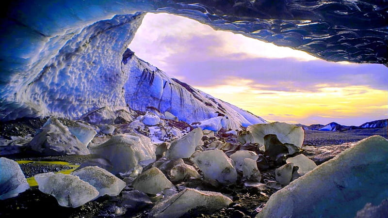 ice cave, chunks, ice, sunset, cave, HD wallpaper
