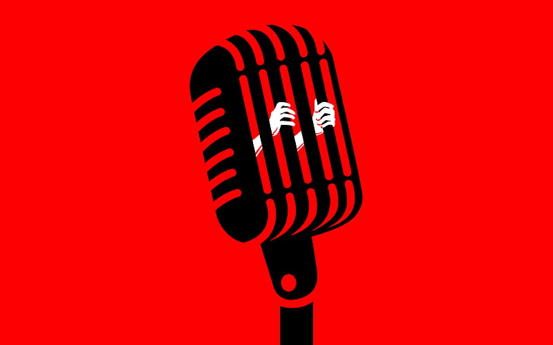 microphone musical concepts, minimal, dom of music, creative, red background, black microphone, HD wallpaper