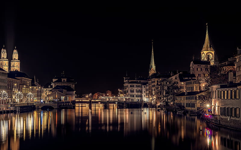 Zurich, night, Grossmunster, Fraumunster, chapel, Zurich cityscape, Switzerland, HD wallpaper