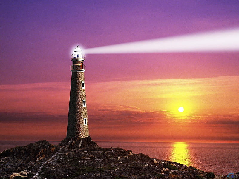 A Beam of Light From the Lighthouse, nature, river, sunset, beam, sky, lighthouse, lights, HD wallpaper