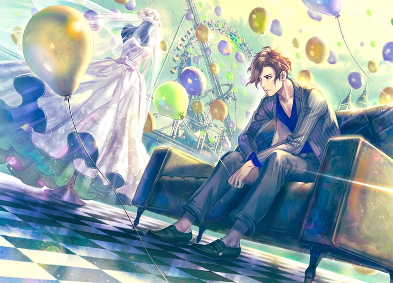 Party, art, luminos, manga, yellow, man, midori foo, balloon, girl, anime, sofa, blue, HD wallpaper