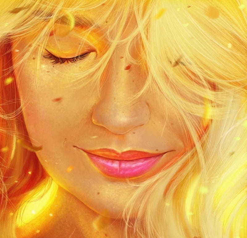 Fluorescente, blonde, yellow, arthurhenry, face, luminso, pink, art, frumusete, fantasy, girl, arthur henry, HD wallpaper