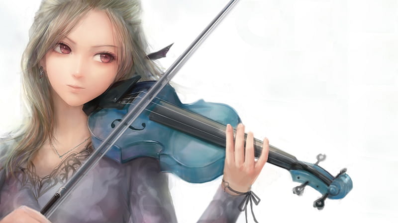 Blue Violin, red, pretty, bonito, white background, hair, instrument, anime, miche, beauty, anime girl, long hair, tune, blue, harmony, violin, female, brown hair, ribbon, music, blonde, insrtument, jewelry, long sleeve, cute, brunette, girl, eyes, white, red eyes, HD wallpaper