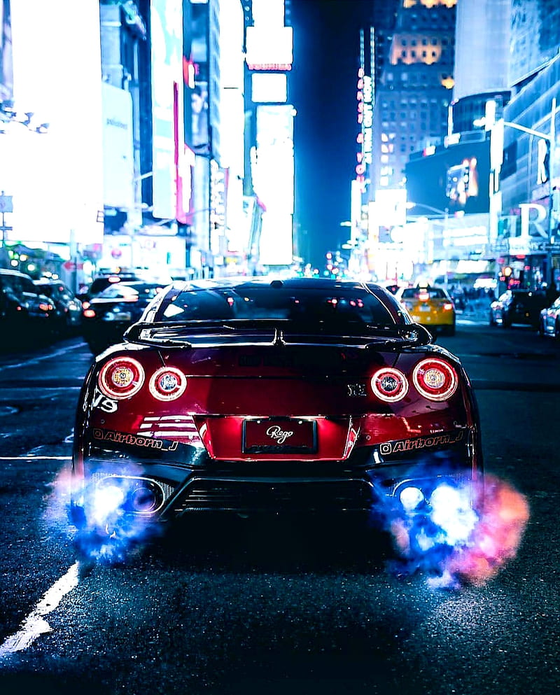Flamethrower GTR , carros, city, expensive, flame, night, nissan, red, rolling shot, supercar, HD phone wallpaper