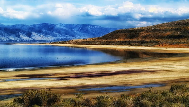 the great salt lake in utah r, beach, grass, mountains, r, lake, HD wallpaper
