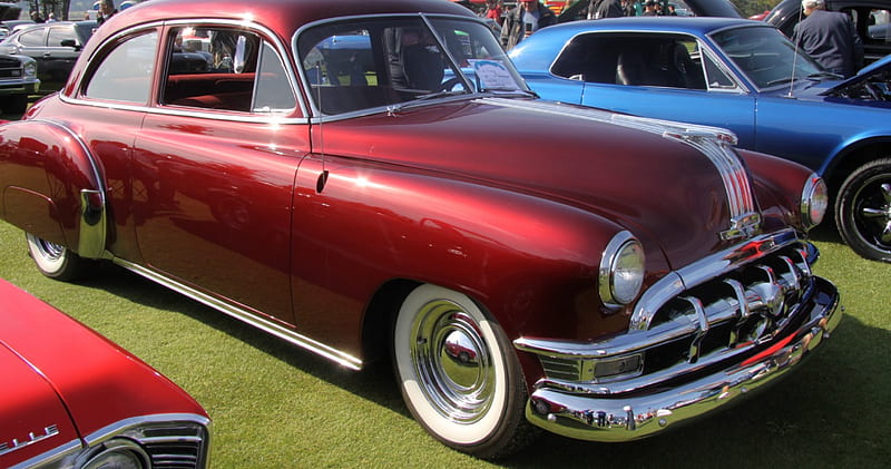 1948 Pontiac Streamliner coupe, red, nickel, Pontiac, graphy, headlights, tires, white, HD wallpaper