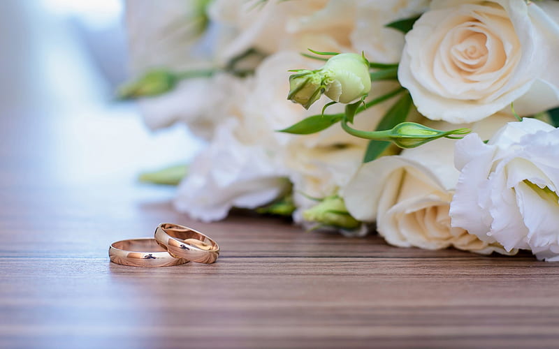 gold wedding rings, white roses, wedding bouquet, white flowers, wedding concepts, HD wallpaper