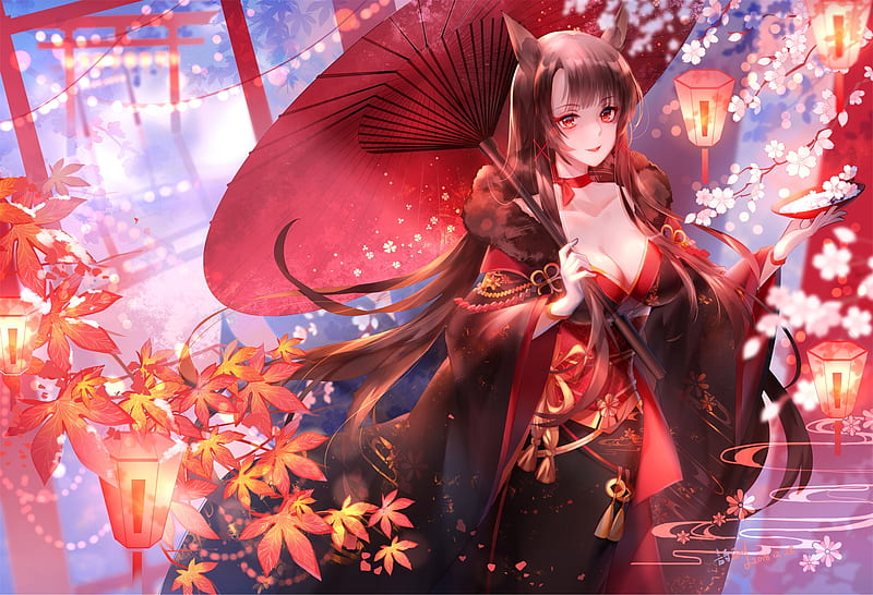 Foxgirl, manga, umbrella, parasol, leaf, red, autumn, lantern, kimono, anime, yu jiu, HD wallpaper