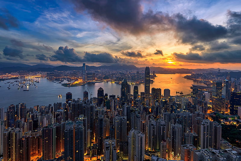 Sunset on Hong Kong, water, sunset, city, skyscrapers, HD wallpaper