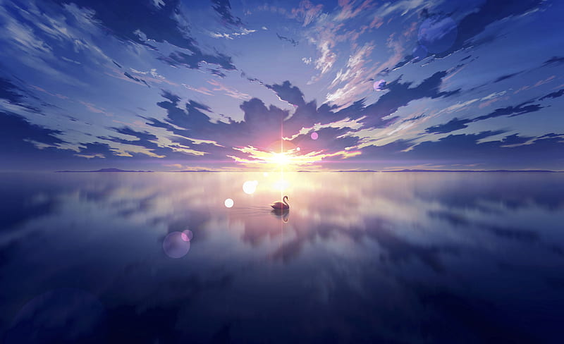 anime landscape, beyond the clouds, sunset, lens flare, Anime, HD wallpaper
