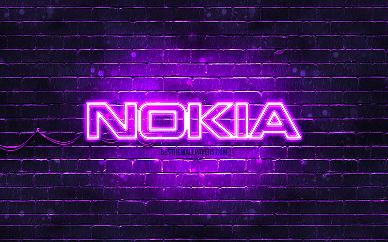 Nokia violet logo violet brickwall, Nokia logo, artwork, Nokia neon logo, Nokia, HD wallpaper