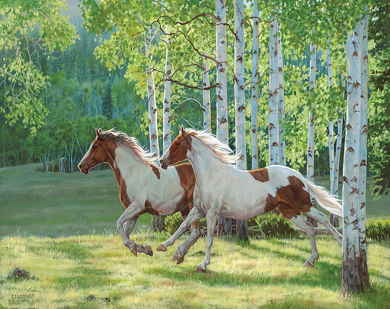 Horses, autumn, tree, green, abraham hunter, running, horse, art, cal, painting, pictura, HD wallpaper