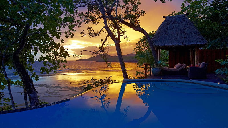 perfect sunset over a seaside resort pool, resort, private, shore, sunset, pool, sea, HD wallpaper