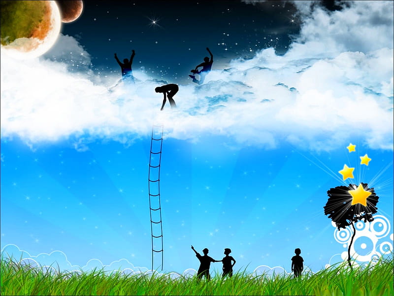 ladder to heaven, fantasy, 3d, heaven, ladder, clouds, abstract, sky, HD wallpaper