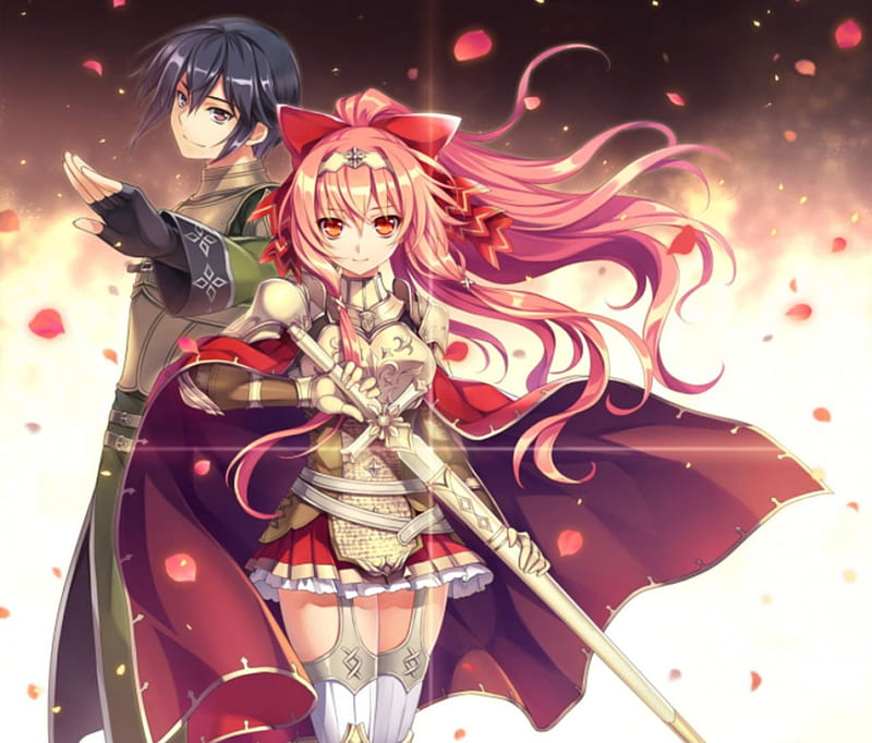 Knight, pretty, flow, guy, breeze, sweet, nice, blade, anime, blowing, anime girl, weapon, long hair, sword, couple, female, male, lovely, blow, ribbon, wind, anime couple, short hair, armor, boy, cool, girl, flowing, windy, petals, HD wallpaper