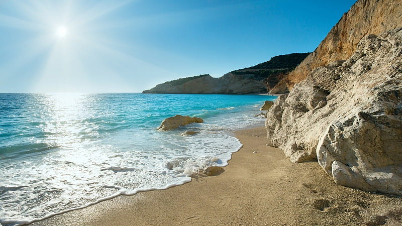 superb greek seacoast, beach, cliff, sunshine, waves, sea, HD wallpaper
