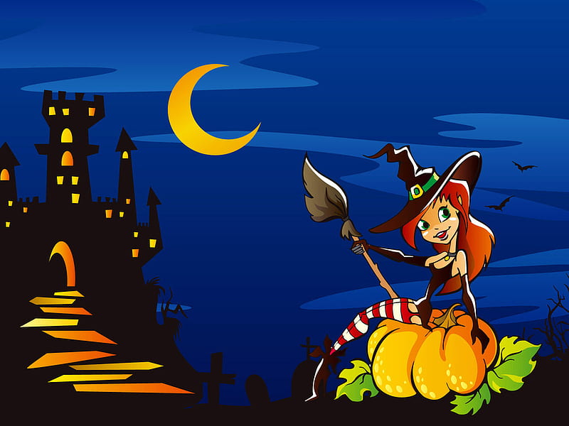 My halloween gift for all in DN, witch, moon, halloween, pumpkin, abstract,  castle, HD wallpaper | Peakpx