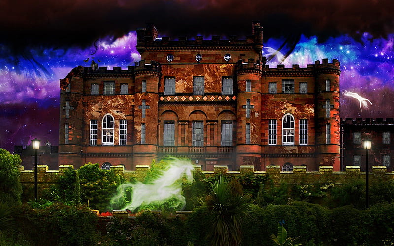 Haunted Mansion, stars, Fall, house, bats, lamps, haunted, horse, clouds, bushes, zombies, butterfly, ghosts, mansion, Halloween, Autumn, HD wallpaper