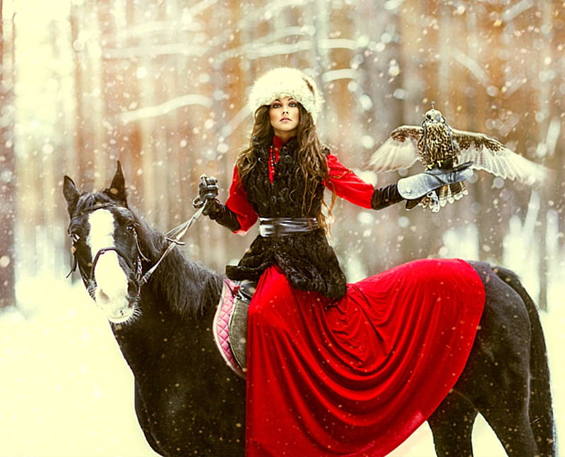 Woman in winter, eagle, trees, horse, woman, animals, winter, HD wallpaper