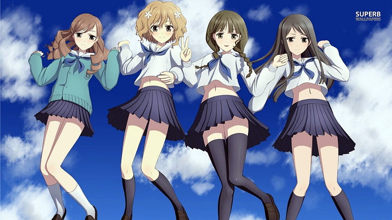 hanasaku-iroha, four, shorts, girls, clouds, sky, blue, HD wallpaper