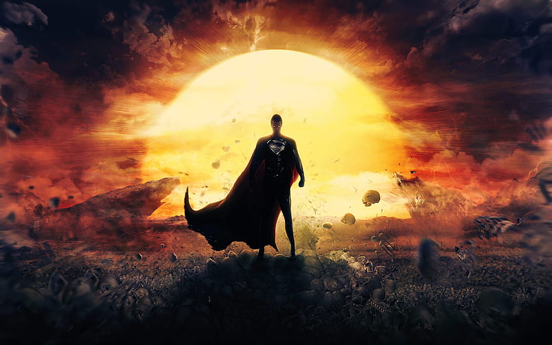 Superman, art, superheroes, storm, bright sun, HD wallpaper