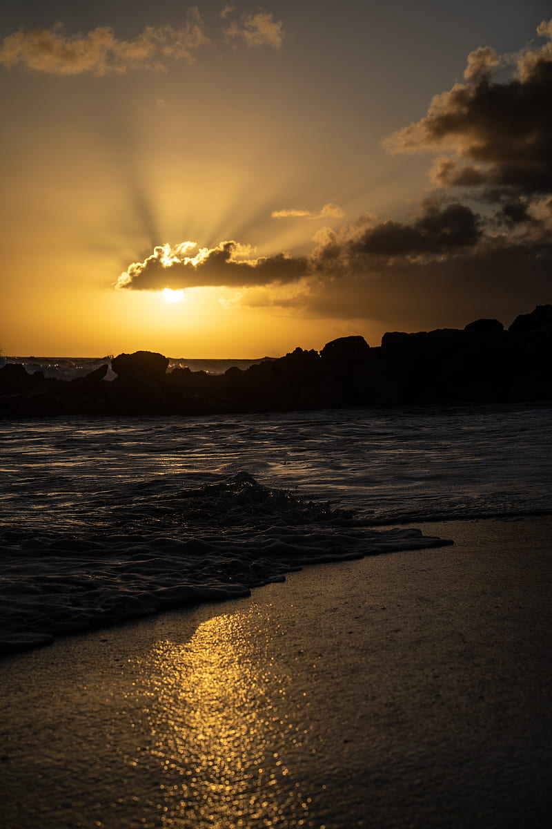 sea, sunset, dusk, beach, waves, HD phone wallpaper