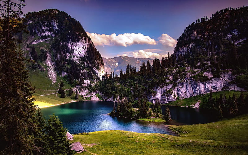 Switzerland, summer, lake, mountains, amazing nature, Europe, HD wallpaper