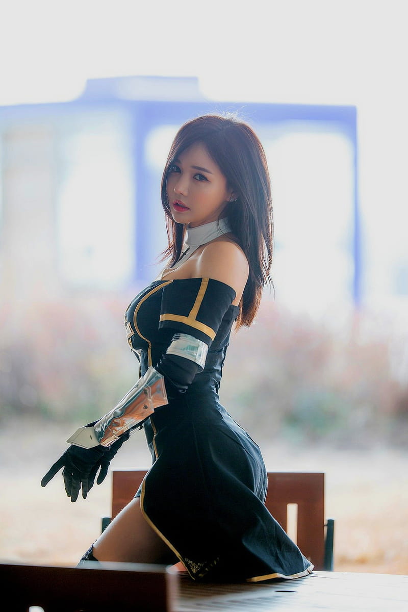 Han Ga Eun Asian Korean Cleavage Stockings Sitting Portrait Bangs Long Hair Hd Phone