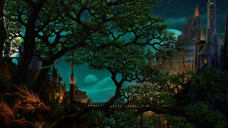 Castle of Wizards, art, fairy tale, dungeons, mysterious, sky, dragon, goth, tree, fantasy, bridge, full moon, story, Gothic, castle, imagination, HD wallpaper